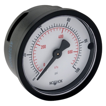 Pressure Gauge, 2 ABS Case, Copper Alloy Internals, 100 Psi/kPa, 1/4 NPT Back Conn, Steel Panel Mount Clamp, 10-32 UNF 2B Thread